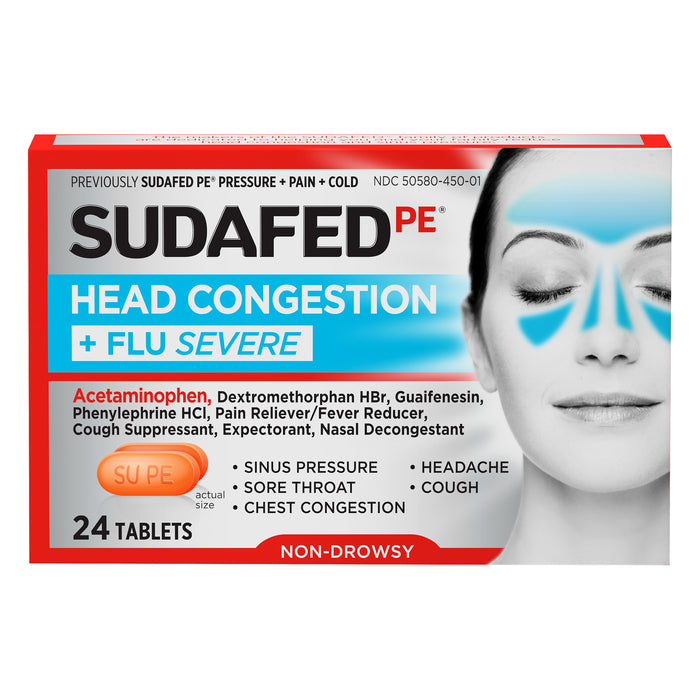 Sudafed PE Tablets Head Congestion + Flu Severe 24 ea