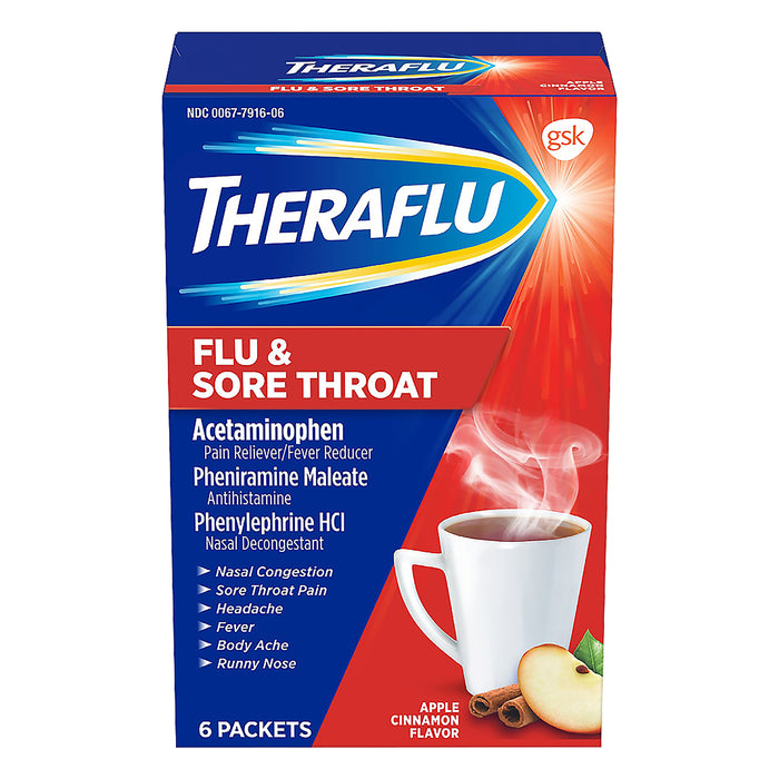Theraflu Flu and Sore Throat Hot Liquid Powder Apple Cinnamon Flavor 6 Count Box